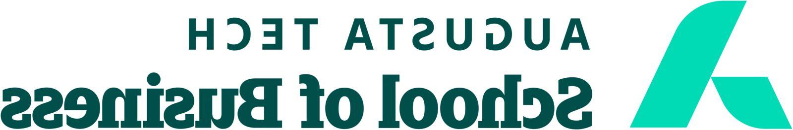 An uppercase abstract A in mint green composed of a smaller leg representing 买世界杯app推荐 supporting the larger leg representing the 奥古斯塔 Community and economy. The words 奥古斯塔 Tech and 商学院 are in heritage green font to the right of the a, stacked in two horizontal rows with 商学院 in bold font.